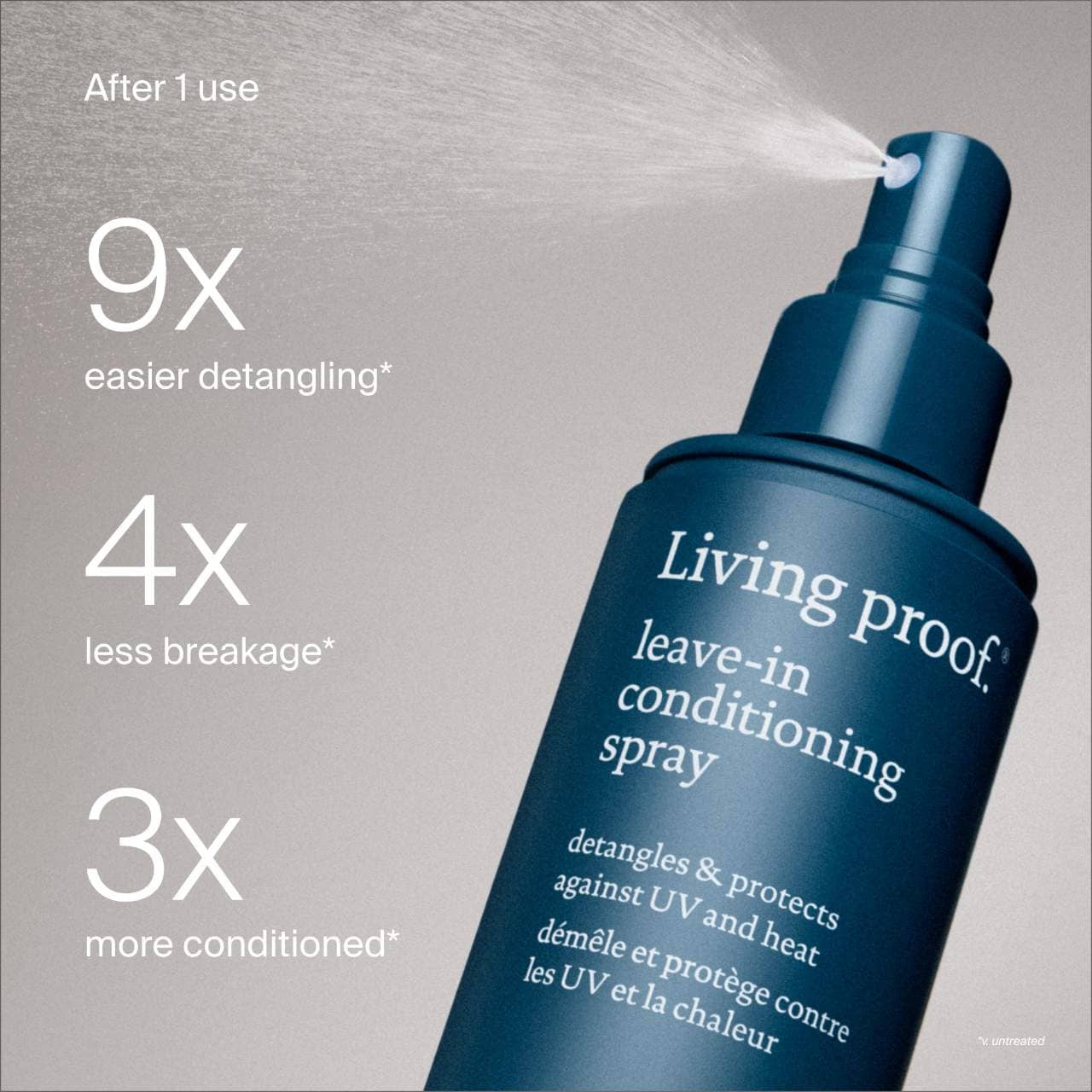 Living Proof leave-in conditioning spray bottle with text highlighting benefits on a gray background
