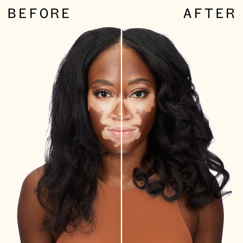 Before and after comparison of a woman with styled hair on a white background