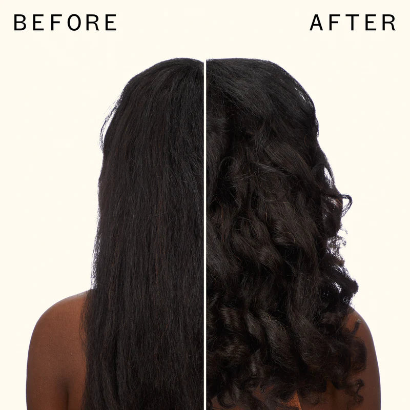 Before and after comparison of hair styling on a person with long, straight hair on the left and styled, wavy hair on the right.